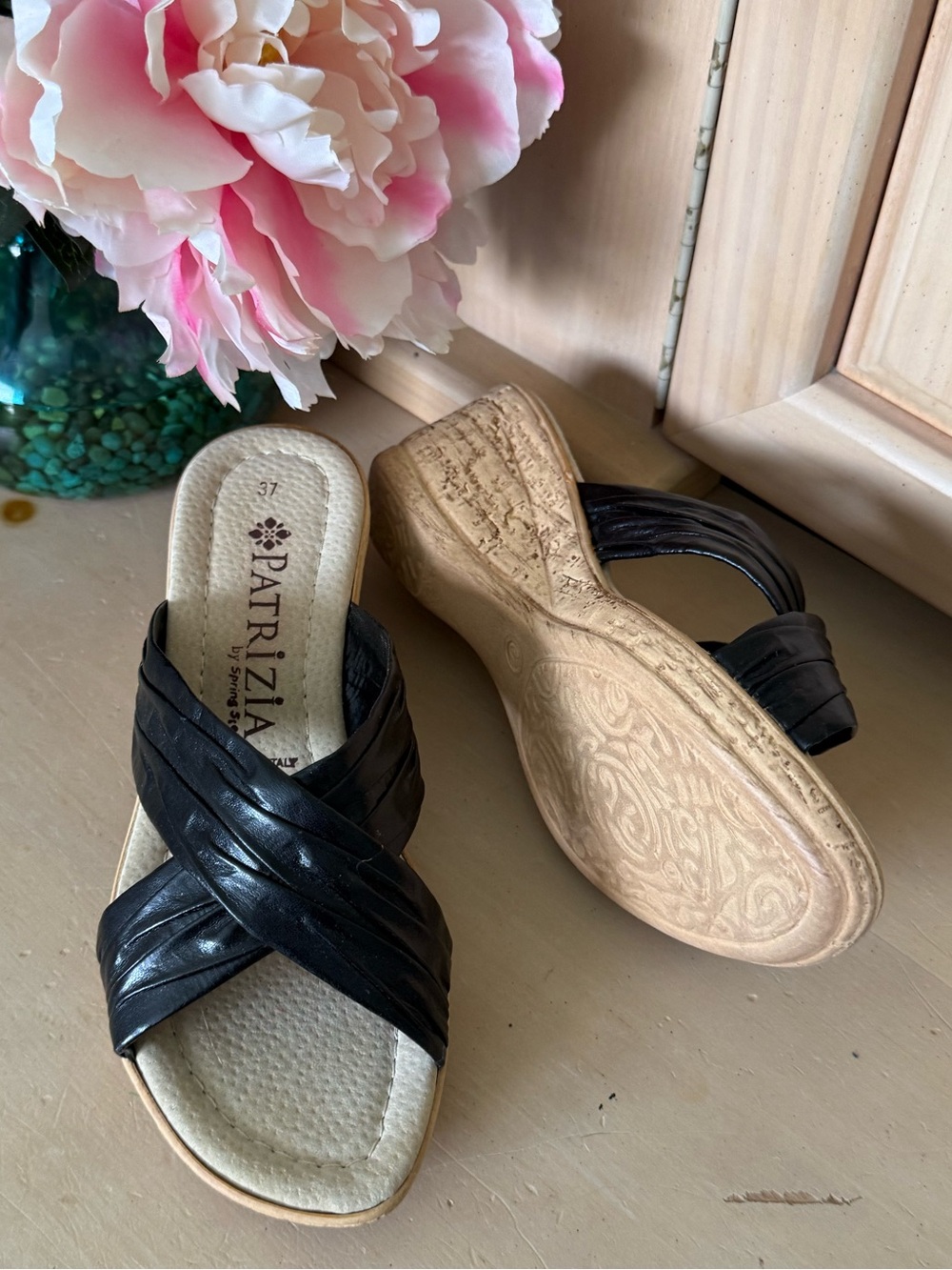 Black Crisscross Wedge Slide Sandals (never worn)